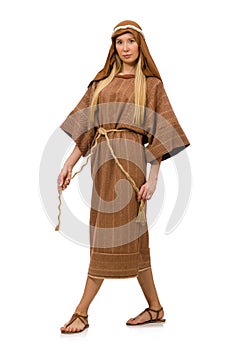 Woman wearing medieval arab clothing on white