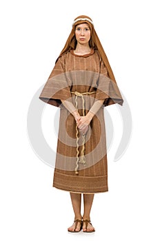 Woman wearing medieval arab clothing on white