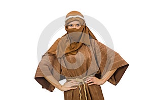 Woman wearing medieval arab clothing on white