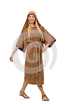 The woman wearing medieval arab clothing on white