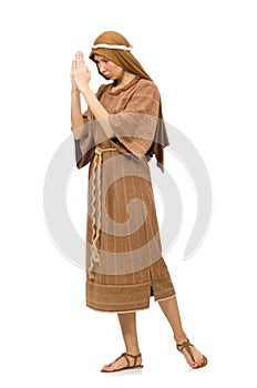 The woman wearing medieval arab clothing on white