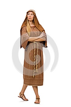 The woman wearing medieval arab clothing on white