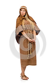 The woman wearing medieval arab clothing on white