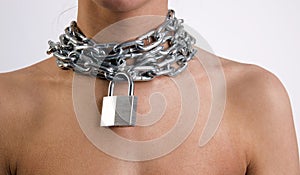 Woman Wearing Metal Neck Chain Link Padlock