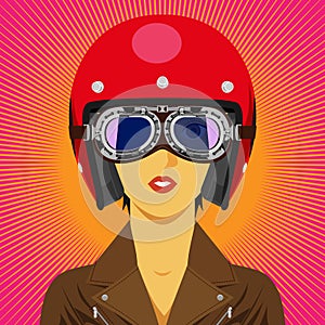 Woman wearing motorcycle helmet and goggles