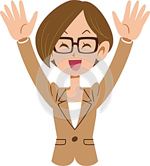 A woman wearing a pair of spectacles puts her arms up