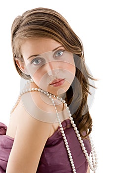 Woman wearing pearl necklace