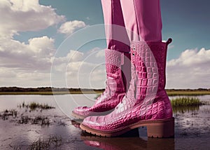 Woman wearing pink boots made of alligator leather. Ai Generative image