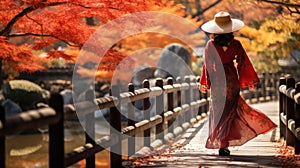 Woman wearing pink kimono on Wooden bridge in the autumn park, Japan autumn season, Kyoto Japan