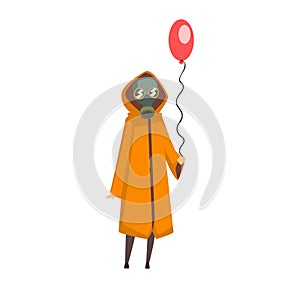 Woman Wearing Protective Gas Mask and Coat Standing with Balloon, People Suffering from Industrial Smog Vector
