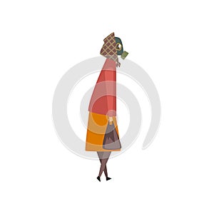 Woman Wearing Protective Gas Mask, People Suffering from Industrial Smog Vector Illustration