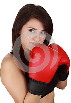 Woman wearing red boxing glove