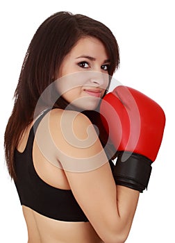 Woman wearing red boxing glove