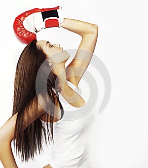 Woman wearing red boxing gloves