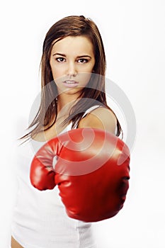 Woman wearing red boxing gloves