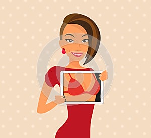 Woman wearing red dress is flirting using tablet