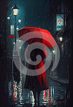 Woman wearing red in the rain with umbrella