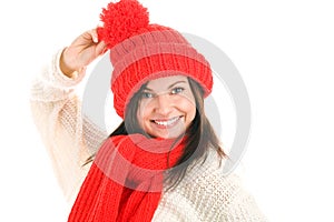 Woman wearing red scarf and cap