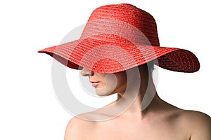 Woman wearing red straw hat