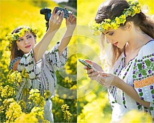 Woman wearing Romanian traditional blouse taking a selfie with a camera and checking her smart phone in canola field, outdoor shot