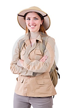 The woman wearing safari hat on white