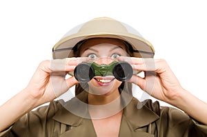 The woman wearing safari hat on white