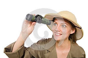 The woman wearing safari hat on white