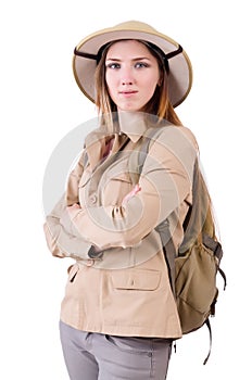 The woman wearing safari hat on white