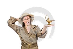 The woman wearing safari hat on white