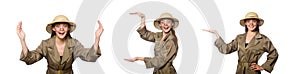 The woman wearing safari hat on white photo