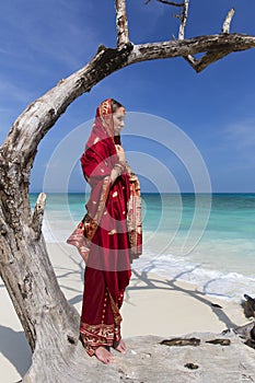 Woman wearing a sari on paradise beach.