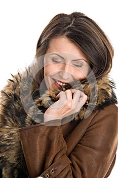 Woman wearing sheepskin