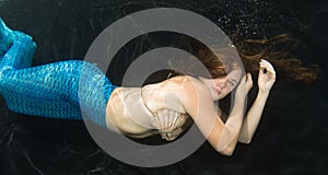 Woman wearing shell bikini and mermaid tale.