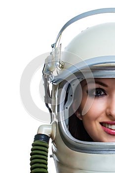 Woman wearing space helmet