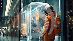 A woman wearing a space suit in front of a store window with innovative space fashion. A woman chooses a space suit in