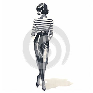 Minimalist Monotype Print Of Retro Female In Light Striped Outfit photo