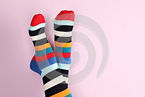 Woman wearing stylish socks and space for design