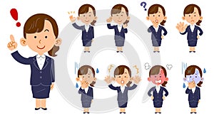 A woman wearing a suit, Set of nine poses and facial expressions, Freshman