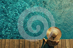 woman wearing sun hat on a wooden pier view from above, turquoise water swimming pool. Summer concept