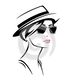 Woman wearing sunglasses and straw boater hat vector head portrait photo