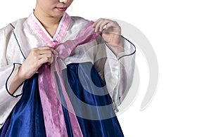 Woman wearing a traditional Hanbok, which is a Korean national costume