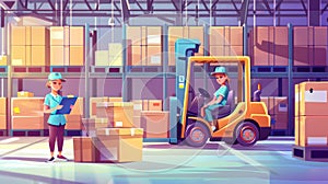 Woman wearing uniform holding clipboard and forklift loader on storehouse interior with boxes on racks. Provider control
