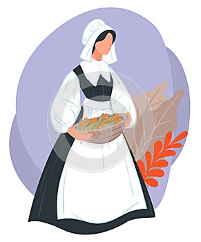 Thanksgiving holiday, woman character carrying basket with corn