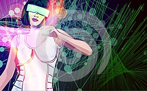 Woman wearing virtual reality headset. Vr glasses and lady. Futuristic costume. Vector illustration