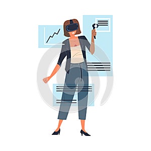Woman Wearing Virtual Reality Headset Working with Graph and Document Immersed in Abstract VR World Vector Illustration