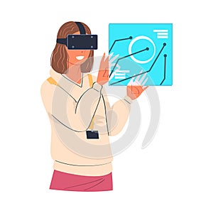 Woman Wearing Virtual Reality Headset Working with Graph Scheme on Display Vector Illustration