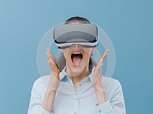 Woman experiencing virtual reality photo