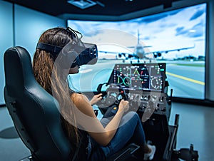 Young Woman Using VR Headset in Flight Simulator