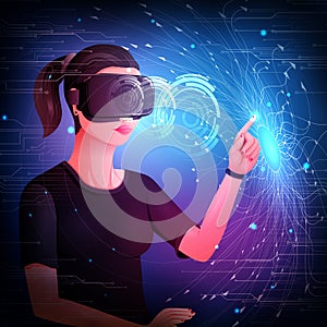 Woman wearing VR virtual Reality headset glasses and experiencing futuristic cyberscape technology