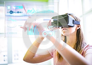 Woman wearing VR Virtual Reality Headset with Interface